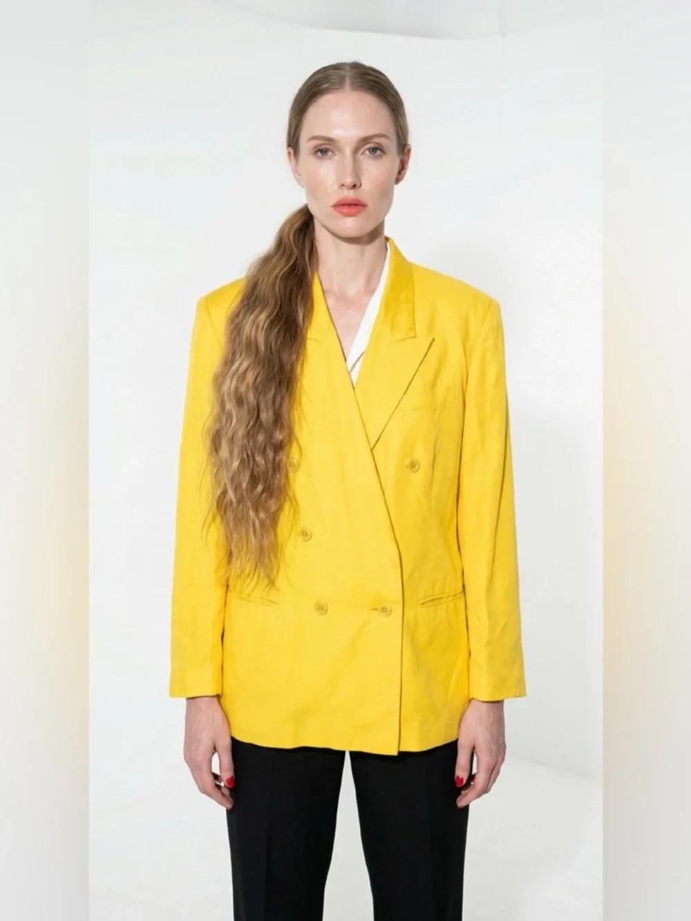 Vintage Yellow Silk Black Double breast Woman LARGE - Picture 11 of 11